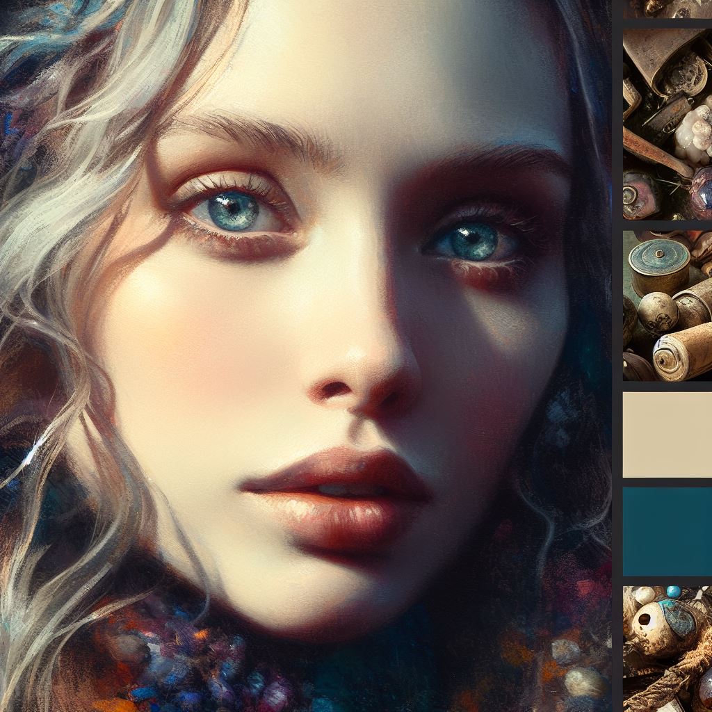 A close-up portrait of a woman with piercing blue eyes, her face illuminated by the soft glow of natural light. She is surrounded by various objects and textures, inviting the viewer to observe and interpret her story. Artistic style: Realistic oil painting with an emphasis on detail and texture. Suggested color palette: Earthy tones with pops of vibrant colors.
