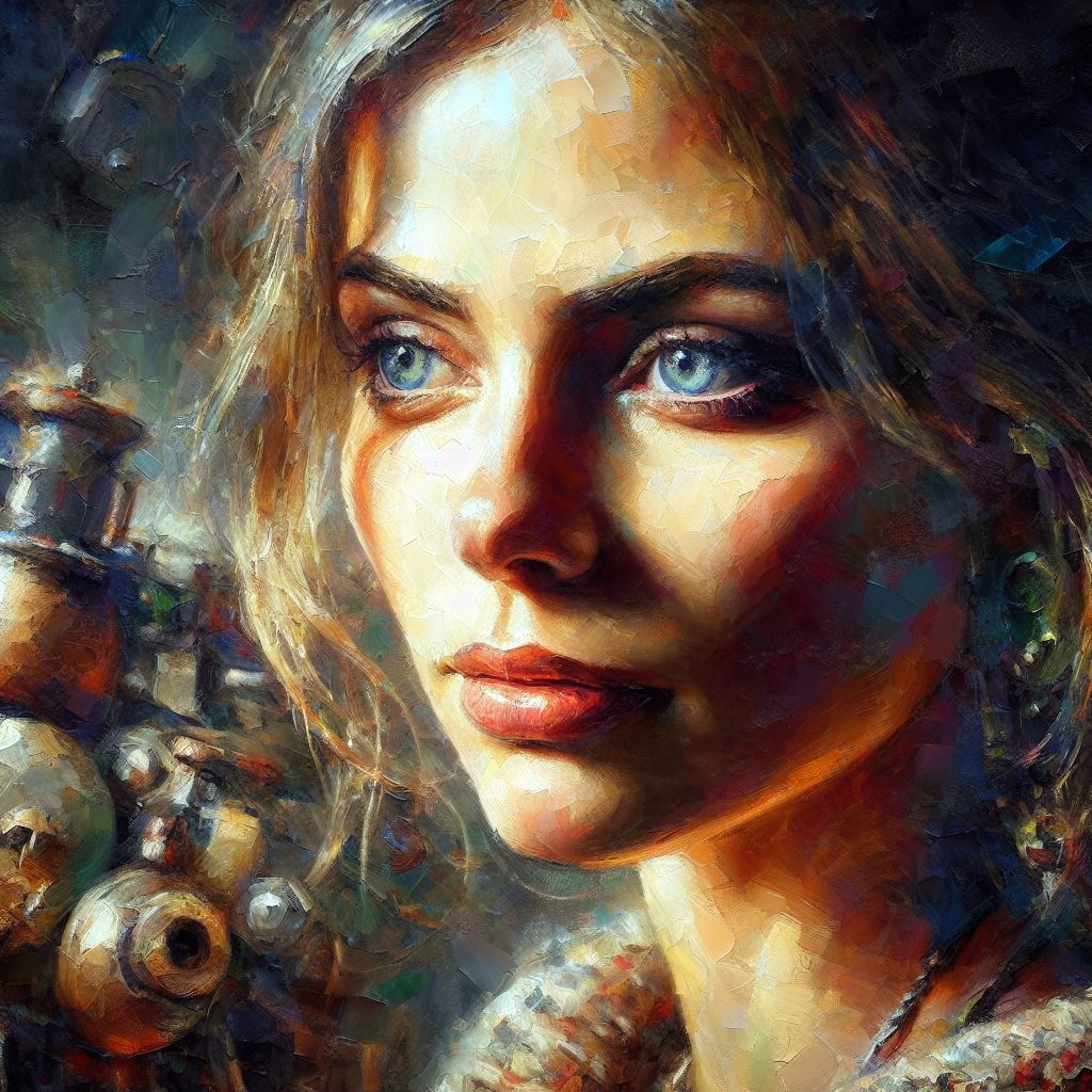 A close-up portrait of a woman with piercing blue eyes, her face illuminated by the soft glow of natural light. She is surrounded by various objects and textures, inviting the viewer to observe and interpret her story. Artistic style: Realistic oil painting with an emphasis on detail and texture. Suggested color palette: Earthy tones with pops of vibrant colors.